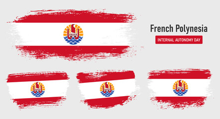Textured collection national flag of French Polynesia on painted brush stroke effect with white background
