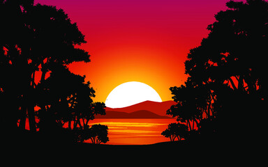 sunset over the river with trees in silhouette