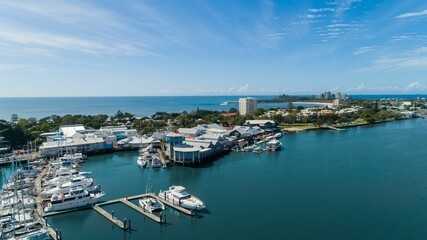 Aerial view of a wharf in a beautiful ocean in Mooloolaba, Queensland, Australia