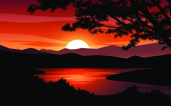 red sunset over the lake with silhouette of trees and mountains