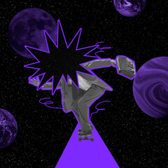 Contemporary art collage. Man with black hole instead head skateboarding isolated over dark space background. Surrealism