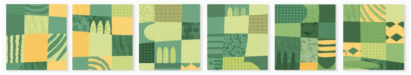 Foto op Plexiglas Set van abstracte vormen groen veld vanuit luchtfoto. Minimalistische zomerveldlandschap postercollectie. Landelijk uitzicht, grunge textuur. Ontwerpelementen voor post op sociale media, banner, kaart, achtergrond © Maria Petrish