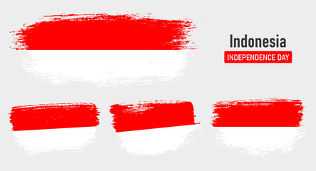 Textured collection national flag of Indonesia on painted brush stroke effect with white background