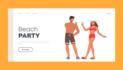 Beach Party Landing Page Template. Couple of Tourist Characters at Summer Vacation. Young Woman and Man Drink Cocktails