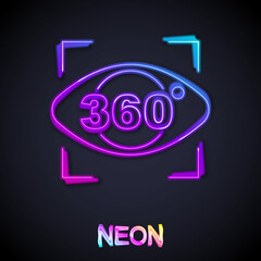 Glowing neon line 360 degree view icon isolated on black background. Virtual reality. Angle 360 degree camera. Panorama photo. Vector