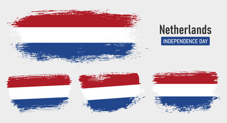 Textured collection national flag of Netherlands on painted brush stroke effect with white background