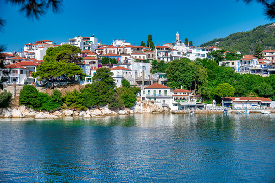 Homes of Skiathos along the city port, Greece