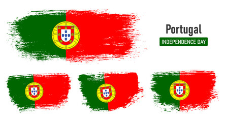 Textured collection national flag of Portugal on painted brush stroke effect with white background