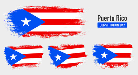 Textured collection national flag of Puerto Rico on painted brush stroke effect with white background