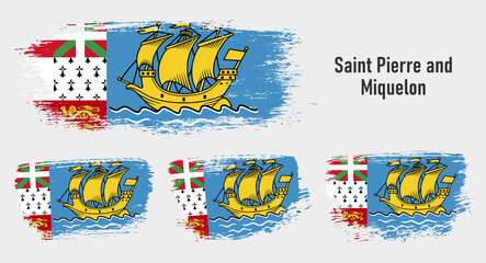 Textured collection national flag of Saint Pierre and Miquelon on painted brush stroke effect with white background