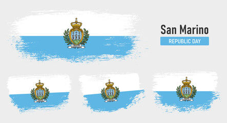 Textured collection national flag of San Marino on painted brush stroke effect with white background