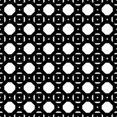 Naklejka premium Repeated white figures on black background. Symmetric geometric wallpaper. Seamless surface pattern design with regular octagons and squares. Tiles motif. Digital paper for textile print. Vector art.