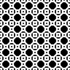 Repeated black figures on white background. Symmetric geometric wallpaper. Seamless surface pattern design with regular octagons and squares. Tiles motif. Digital paper for textile print. Vector art.
