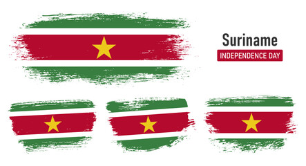 Textured collection national flag of Suriname on painted brush stroke effect with white background