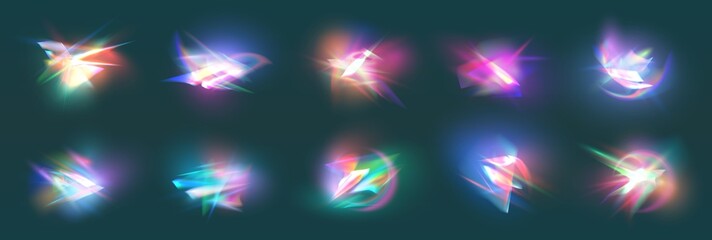 Crystal Rainbow Light Effects. Rainbow sunlight effect, holographic rays collection. Light streak overlay pattern designs. Vector illustration.