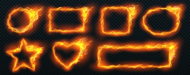 Set of fire flames elements on transparent background, vector 3d Fire collection, red lights, sparks.