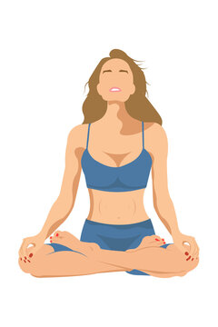 poster of a girl in a blue swimsuit who sits in a lotus position on a white background for yoga and meditation