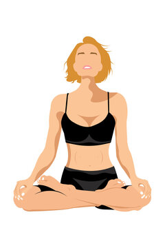 yoga and meditation of a girl in a black swimsuit who sits in a lotus position on a white background