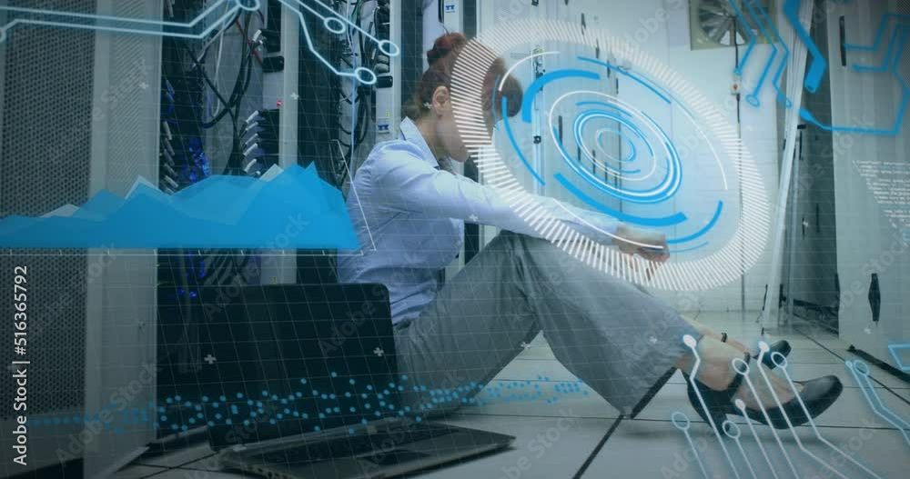 Poster animation of clock and data processing over man using computer