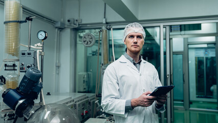Scientist holding tablet and checking rotational vaporizer during CBD oil extraction, hemp oil extraction process.