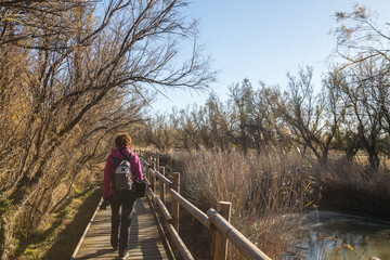 Fototapeta na wymiar Young girl walking and photographing birds in AIguamolls De L Emporda Nature Park, Spain