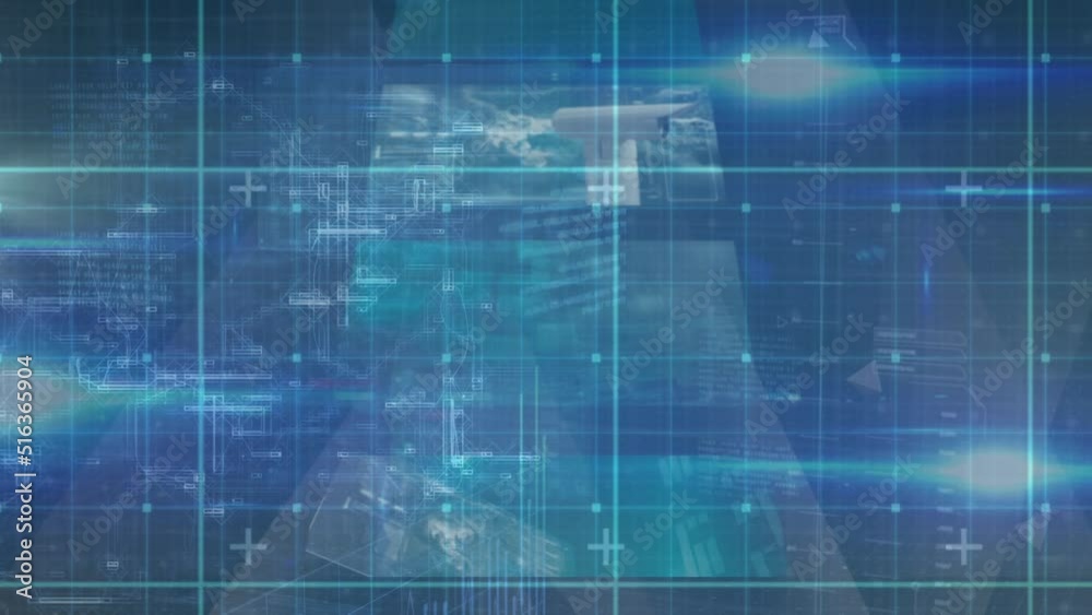 Poster animation of black particles forming helix over processing data on green grid