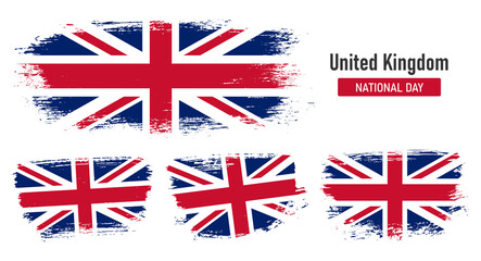 Textured collection national flag of United Kingdom on painted brush stroke effect with white background