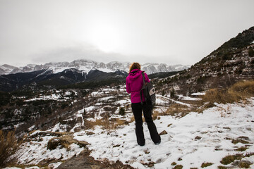 Young hiker girl enjoying in Querforadat, Cerdanya, Pyrenees, Spain