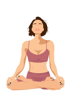 a girl in a pink swimsuit sits in a lotus position on yoga and meditation on a white background