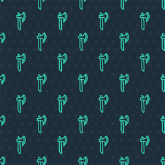 Green line Wooden axe icon isolated seamless pattern on blue background. Lumberjack axe. Vector