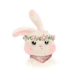 Cute cartoon trendy rabbit on an adorable bunny head smiling character face nursery illustration clipart isolated on white background. Chinese year symbol animal with a carrot