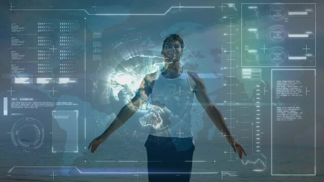 Animation of data processing over fit man running at beach