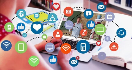 Network of digital icons against mid section of businessman paint brush and woman at office - Powered by Adobe