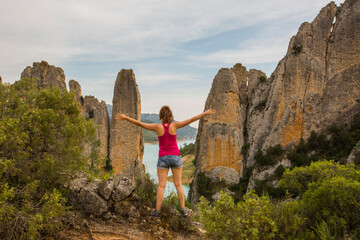 Young hiker girl enjoying in Serra De Finestres, Montsec, Spain