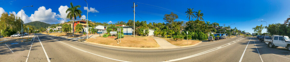 Airlie Beach, Australia - August 24, 2018: Panoramic 360 degrees view of Airlie Beach coastline from the top of the city hill