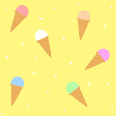 Seamless pattern with pink ice cream in waffle cone. Hand drawn vector illustration. Summer textile design