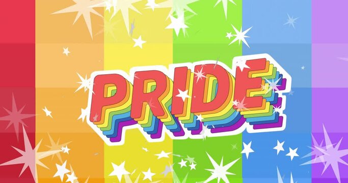 Animation of pride text in rainbow colours with white stars falling on rainbow striped background