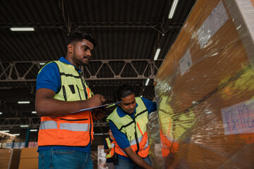 Portrait of male staff with holding clipboard working in warehouse, Industrial and industrial workers concept.