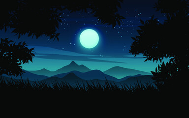 night landscape in woodland illustration with moon and stars