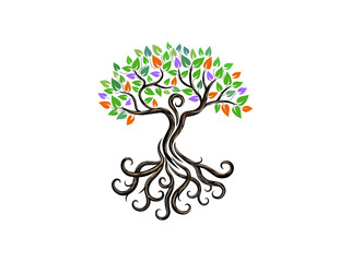 Abstract decorative tree logo. human tree with colorful leaves concept.