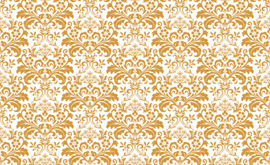 Wallpaper in the style of Baroque. Seamless vector background. White and gold floral ornament. Graphic pattern for fabric, wallpaper, packaging. Ornate Damask flower ornament