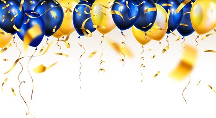 festive illustration of flying realistic glossy balloons. Red and golden balloons and golden confetti glitters. Decoration element for holiday event invitation design