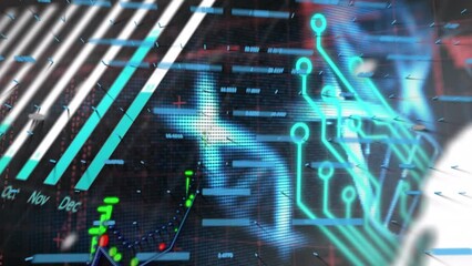 Animation of financial graphs, data and dna on black background - Powered by Adobe