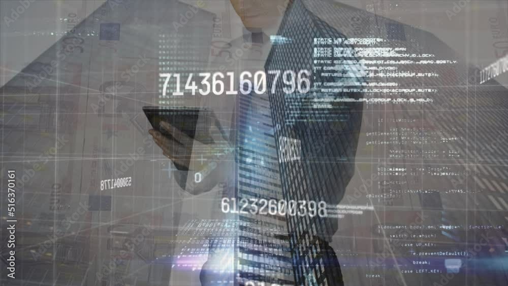 Poster animation of data processing over caucasian man using tablet