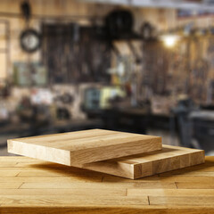 Table background with pedestal and workshop interior. 