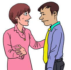A woman talks to her husband.