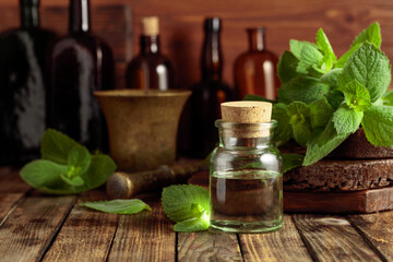 Fresh spearmint leaves and a small bottle with essential mint oil.
