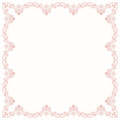 Classic vector pink vintage square frame with arabesques and orient elements. Abstract ornament with place for text. Vintage pattern