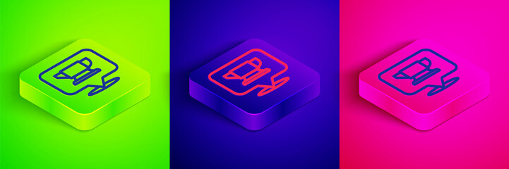 Isometric line Blacksmith anvil tool icon isolated on green, blue and pink background. Metal forging. Forge tool. Square button. Vector