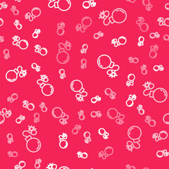 White line Bomb ready to explode icon isolated seamless pattern on red background. Vector